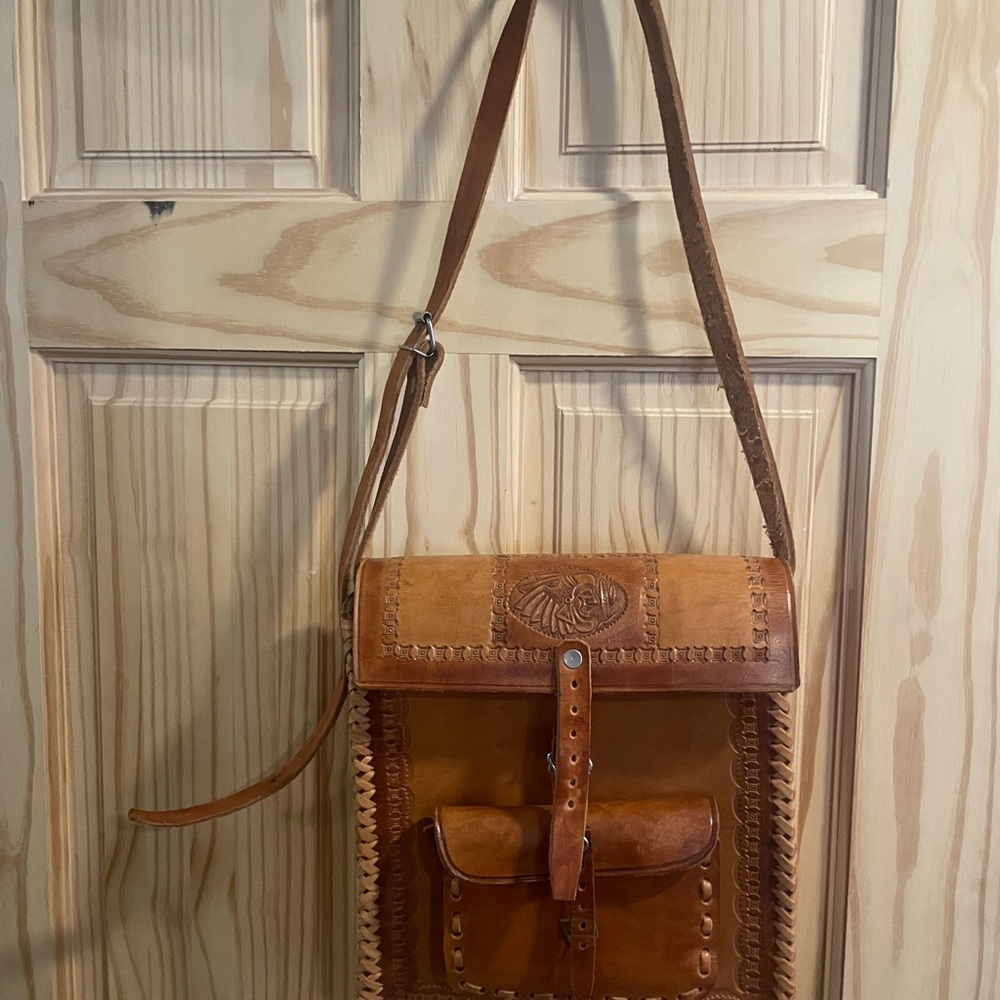 Brown Leather Bag hand Toooled, Stiff Leather satchel.